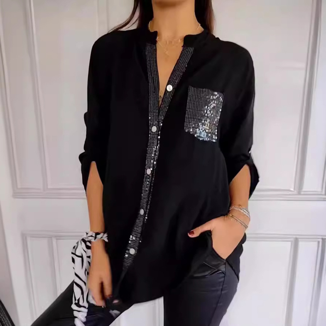 Casual Stand Collar Sequin Pocket Women's Shirt-elviree