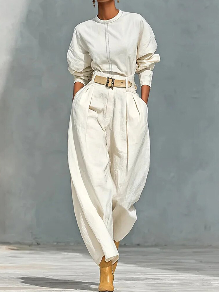 Simple Loose Top And Harem Wide-leg Pants Two-piece Set (with Belt)-elviree