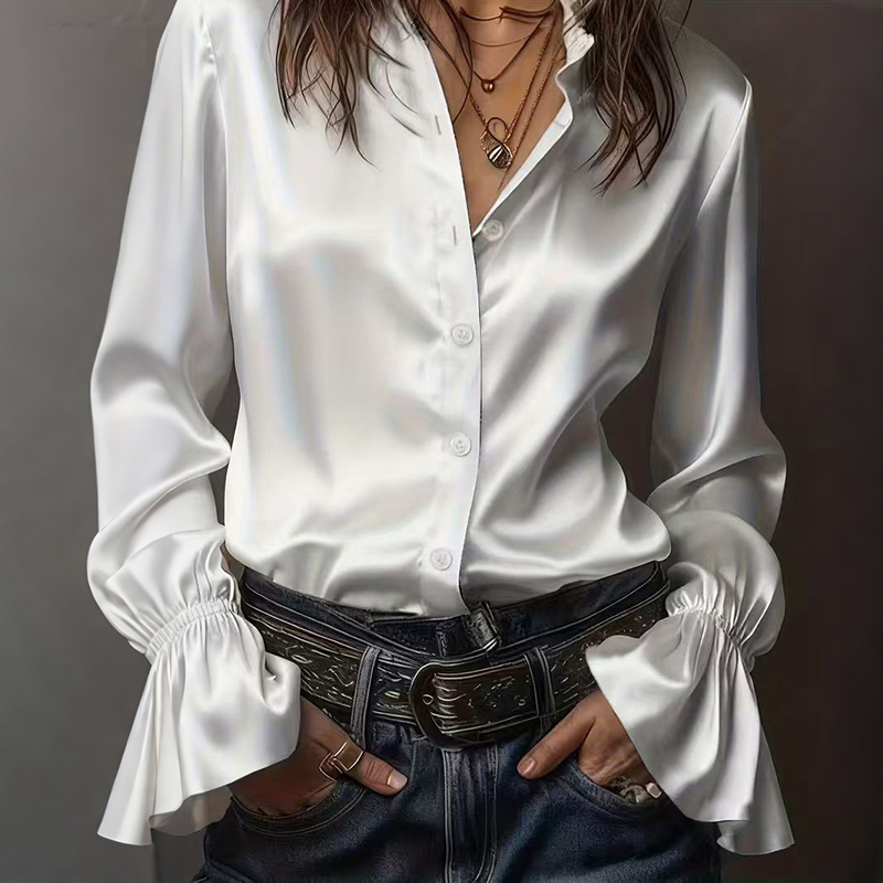 Elegant Solid Color Waltz Satin Long-sleeved Shirt-elviree
