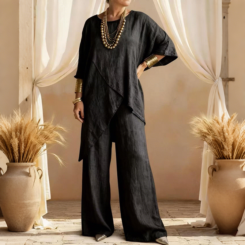 Women's Comfy Linen Blend Flowy Double Layer Design Top And Pants Two-piece Set-elviree