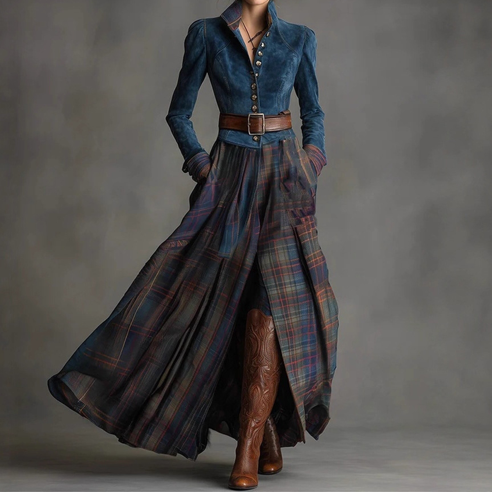 Vintage Style Suede And Plaid Patchwork Maxi Dress (with Belt)-elviree