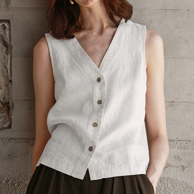 Women's Solid Color Cotton-linen Button-up Vest-elviree