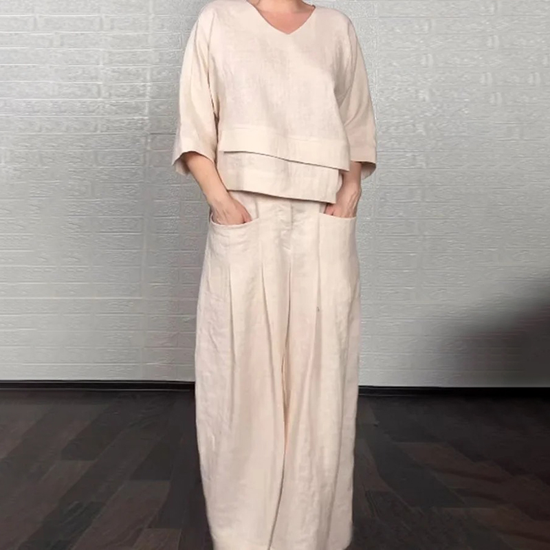 Women's Comfy Linen Blend Double Layer Design V-neck Top And Pants Two-piece Set-elviree