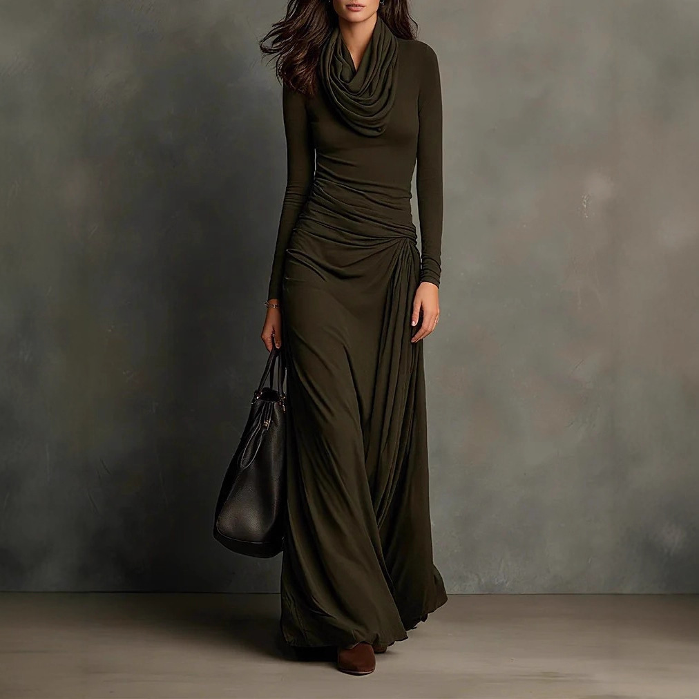 Retro-style Pleated Fitted And Slimming Long-sleeve Dress-elviree