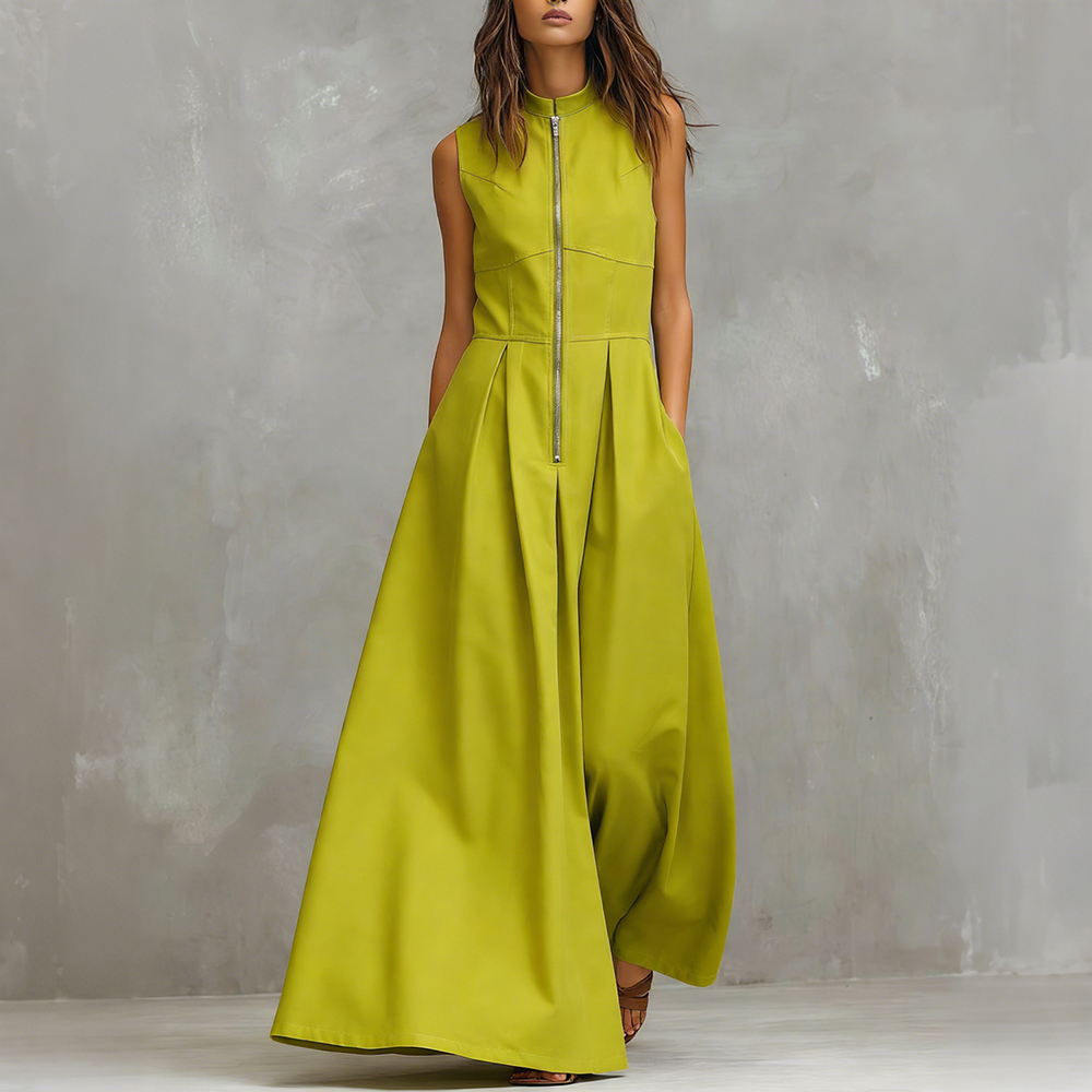 Vintage Round Neck Zip Up Comfy Maxi Dress-elviree