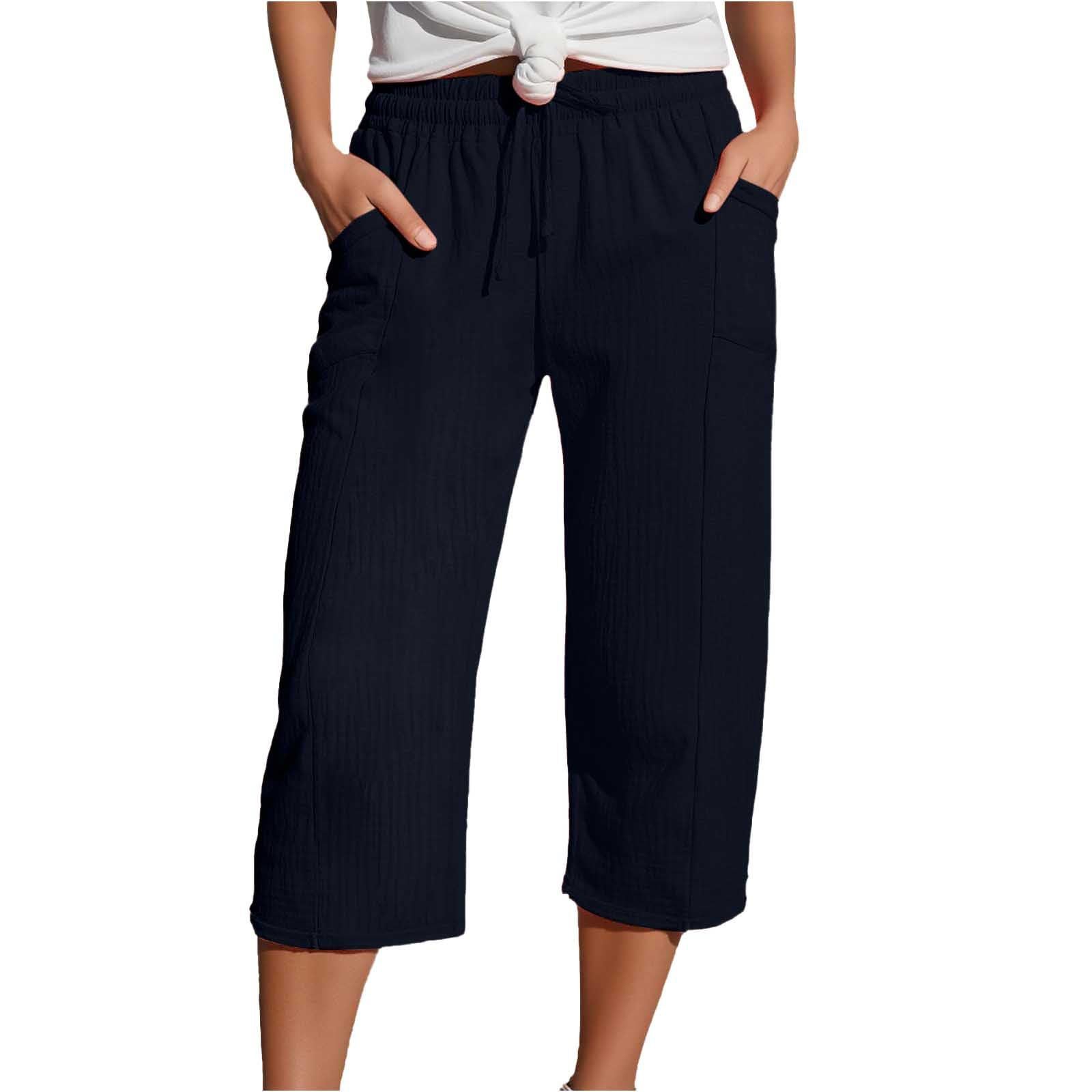Women's Solid Color Casual Linen Pocket Capri Pants-elviree