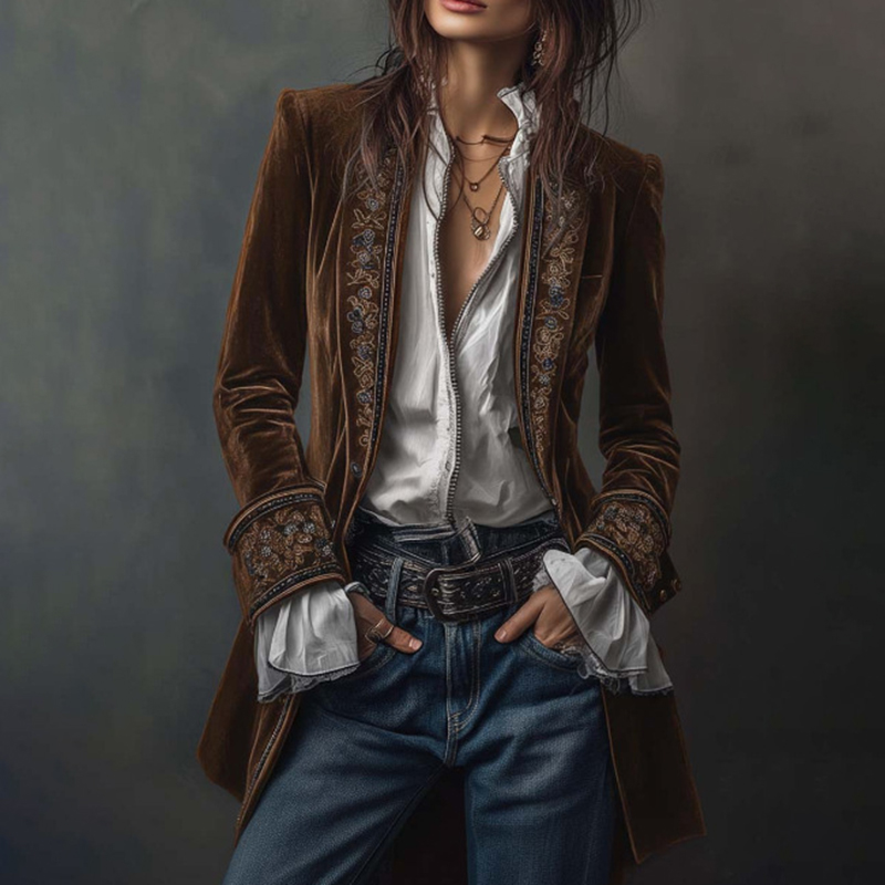 Vintage Long-sleeved Patchwork Lace Gold Velvet Jacket-elviree