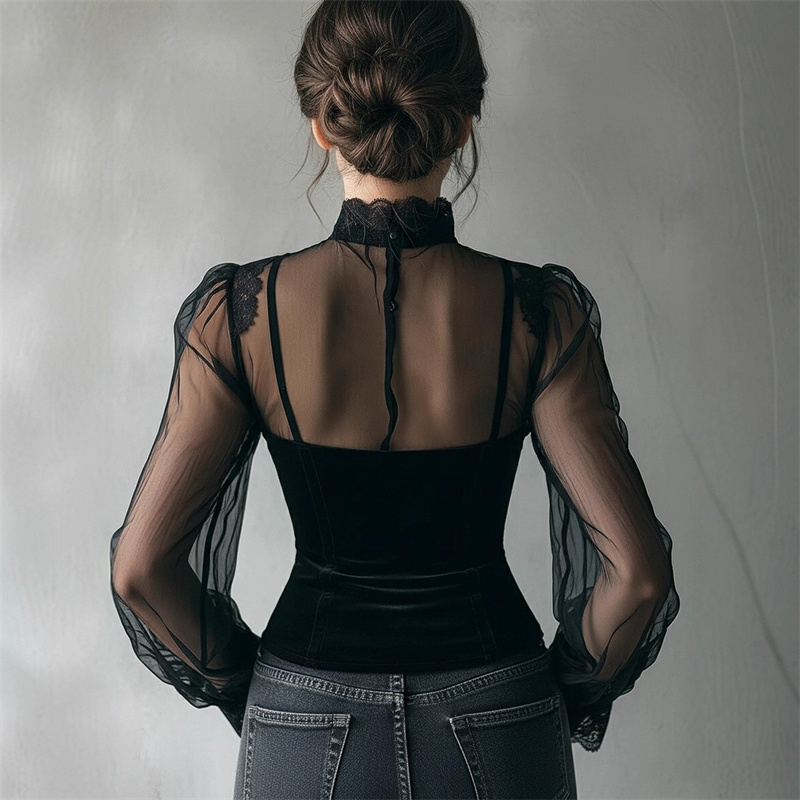 Mesh Splicing Black Lace Hollow Lace Top-elviree