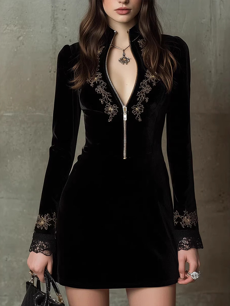 Retro Velvet Embroidered Lace V-neck Long-sleeve Dress-elviree
