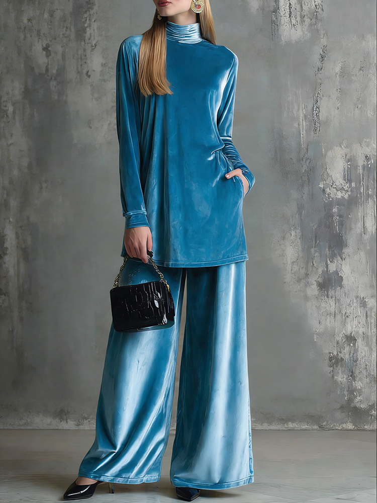 Classy Velvet Turtleneck Slit Top & Wide Leg Pants Set-elviree
