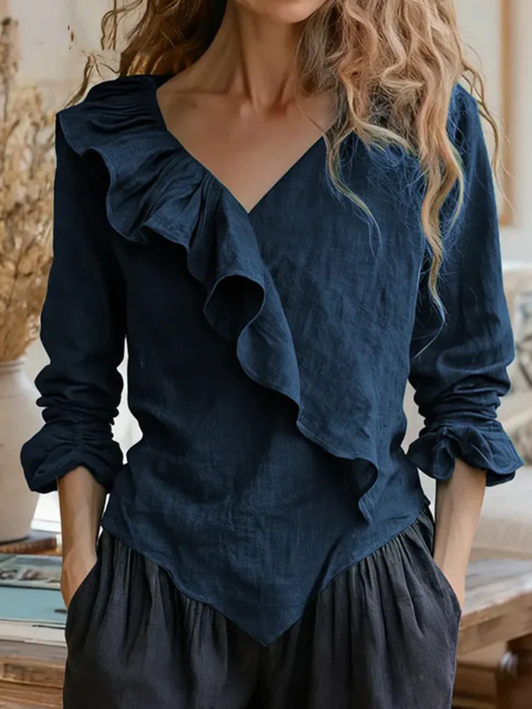 Women's Elegant Ruffled Cotton Linen Top-elviree