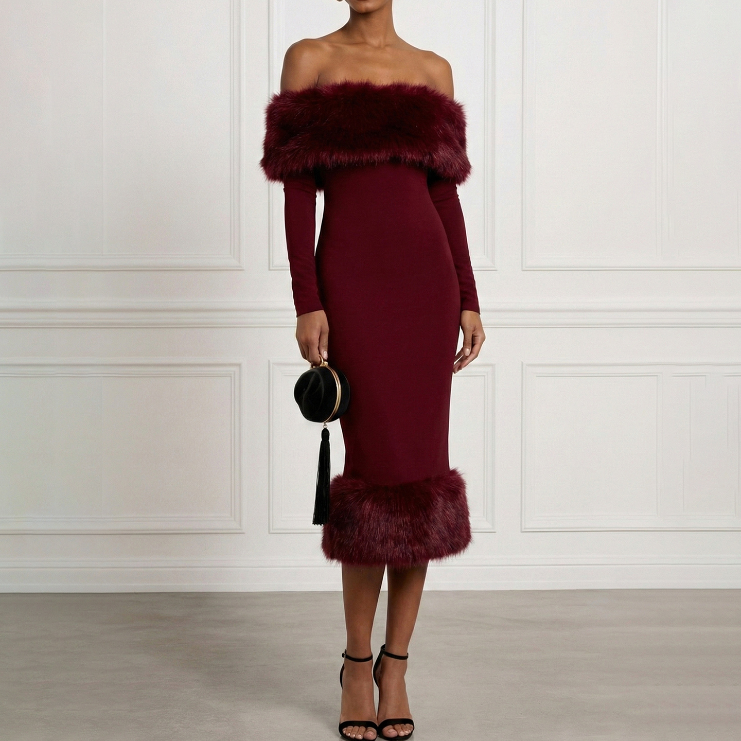 Elegant Faux Fur Off-shoulder Midi Dress-elviree