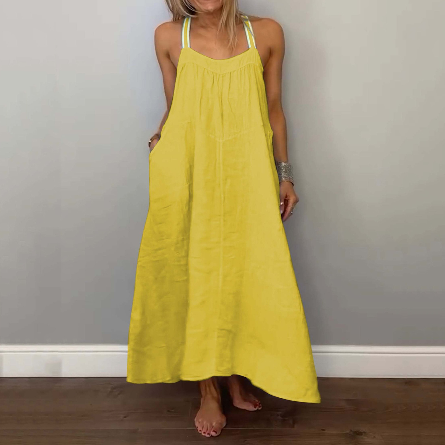 Casual Solid Color Cotton And Linen Suspender Dress-elviree