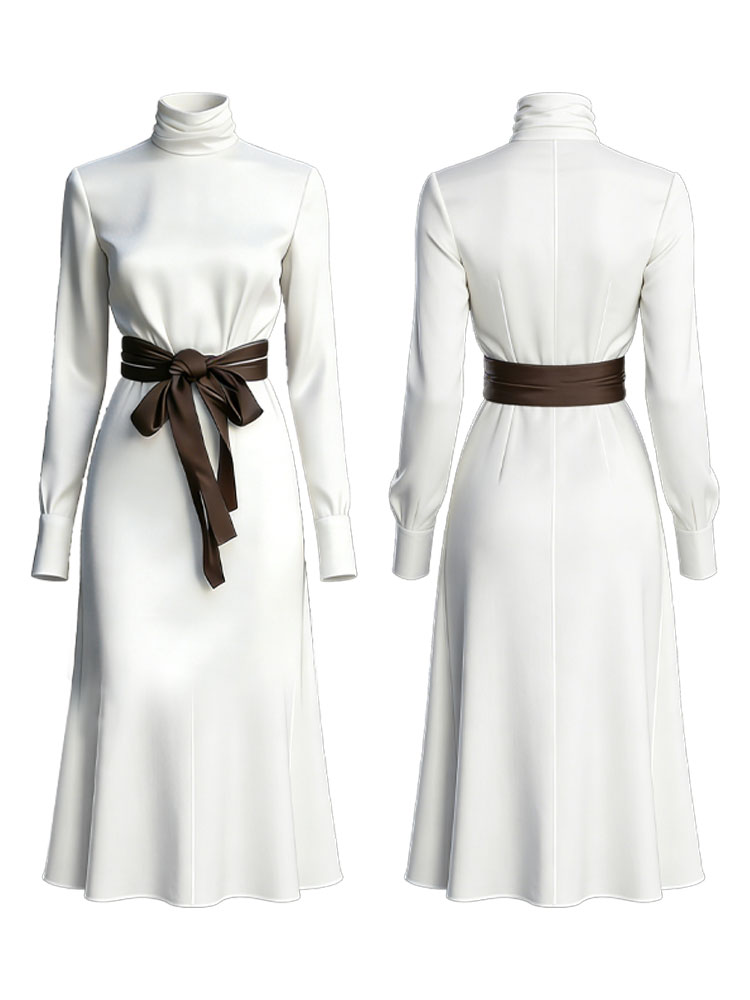 Classy Color Blocked Belted Turtleneck Flowy Maxi Dress-elviree