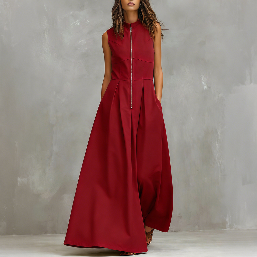 Vintage Round Neck Zip Up Comfy Maxi Dress-elviree