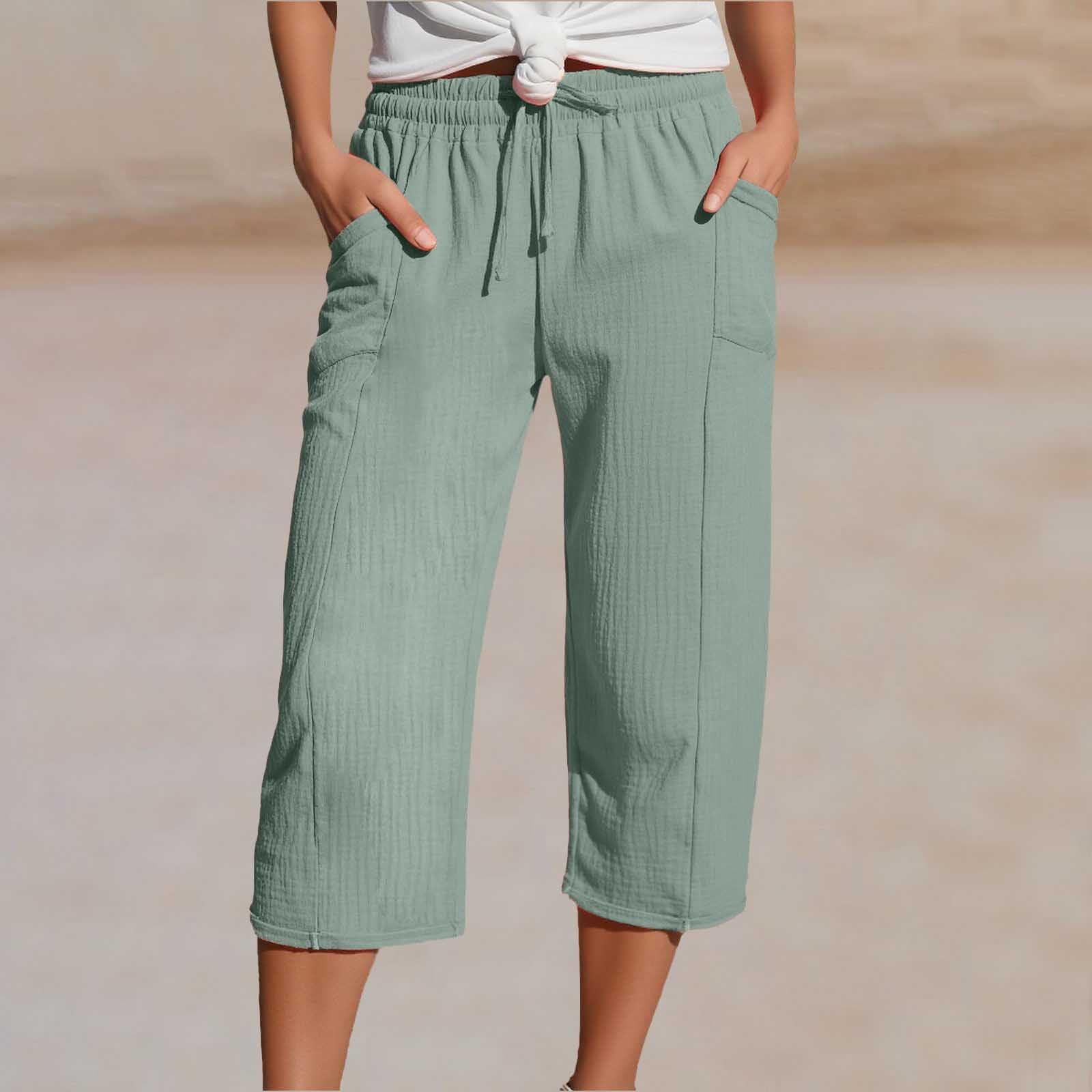 Women's Solid Color Casual Linen Pocket Capri Pants-elviree