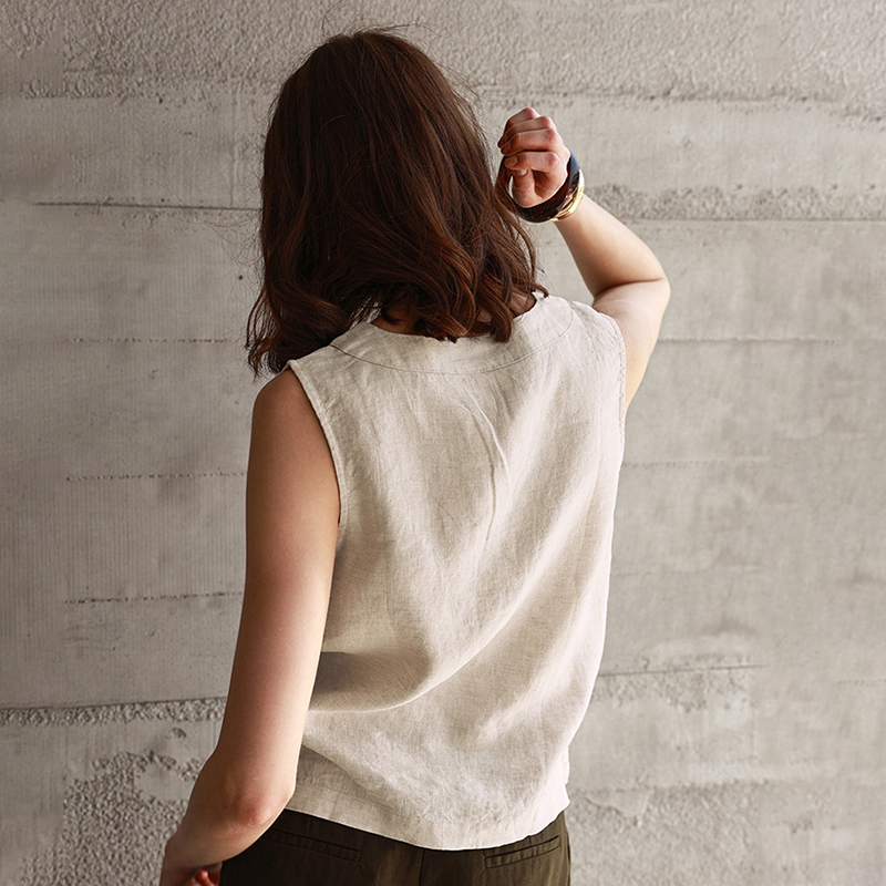 Women's Solid Color Cotton-linen Button-up Vest-elviree