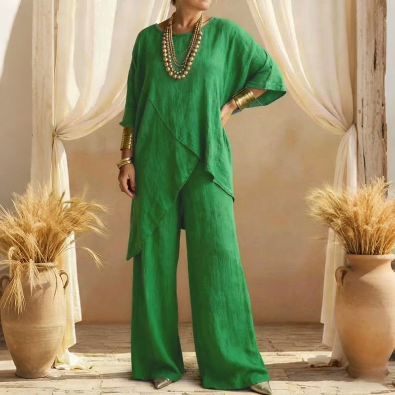 Women's Comfy Linen Blend Flowy Double Layer Design Top And Pants Two-piece Set-elviree