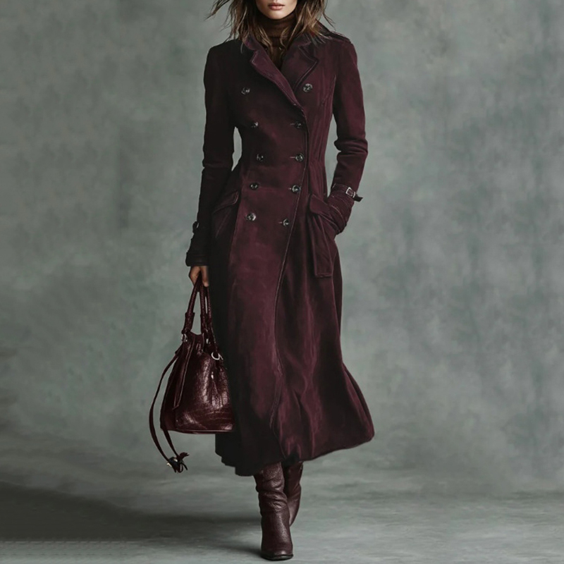 Vintage Western Lapel Buttoned Suede Trench Coat-elviree