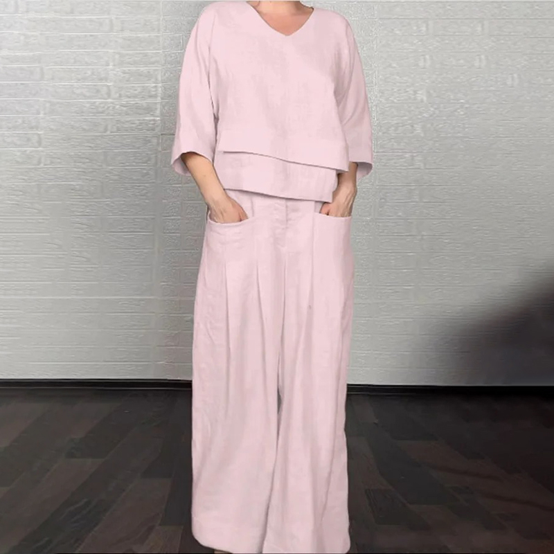 Women's Comfy Linen Blend Double Layer Design V-neck Top And Pants Two-piece Set-elviree