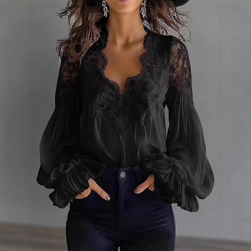 Elegant Lace-trimmed Pleated Long-sleeved Shirt-elviree