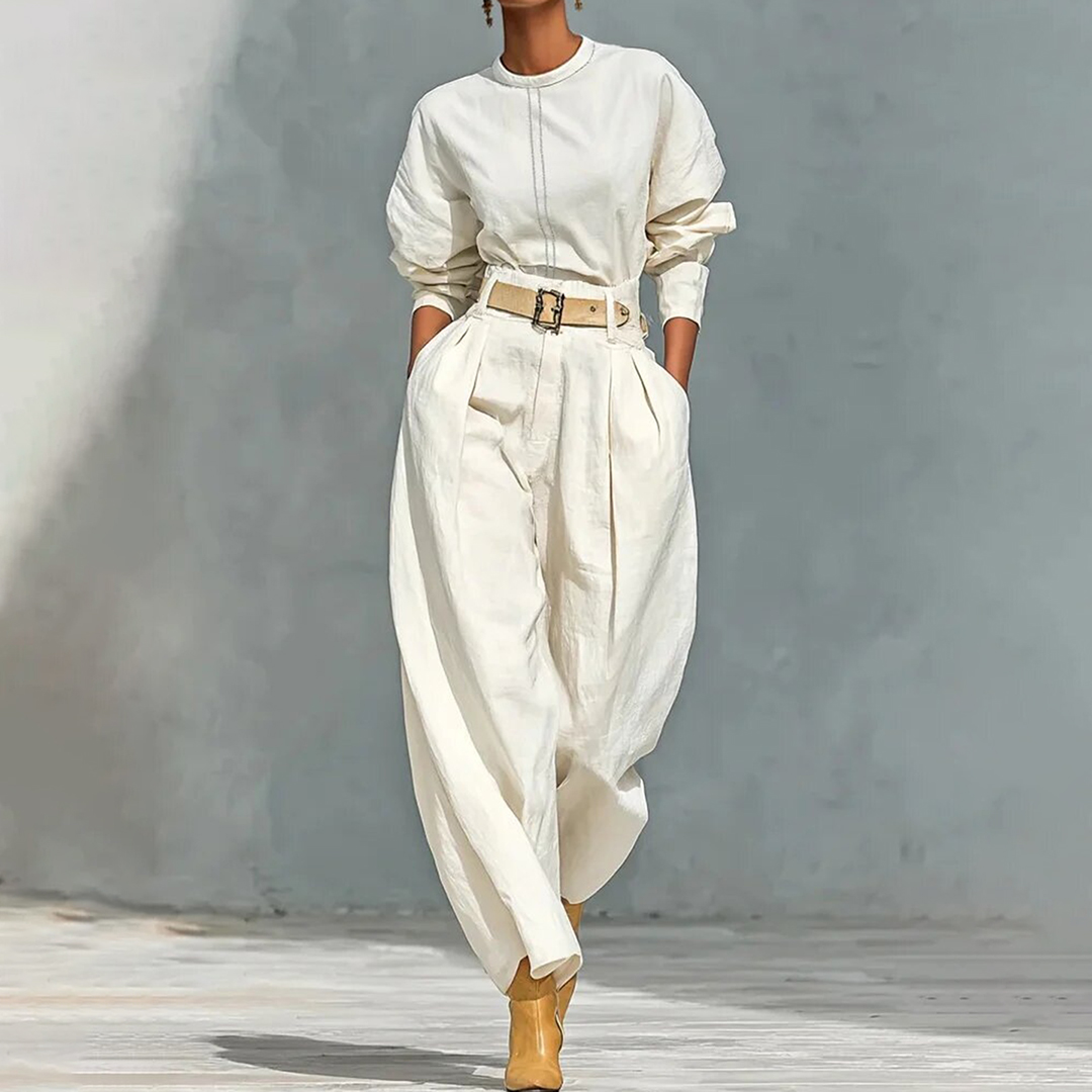 Simple Loose Top And Harem Wide-leg Pants Two-piece Set (with Belt)-elviree