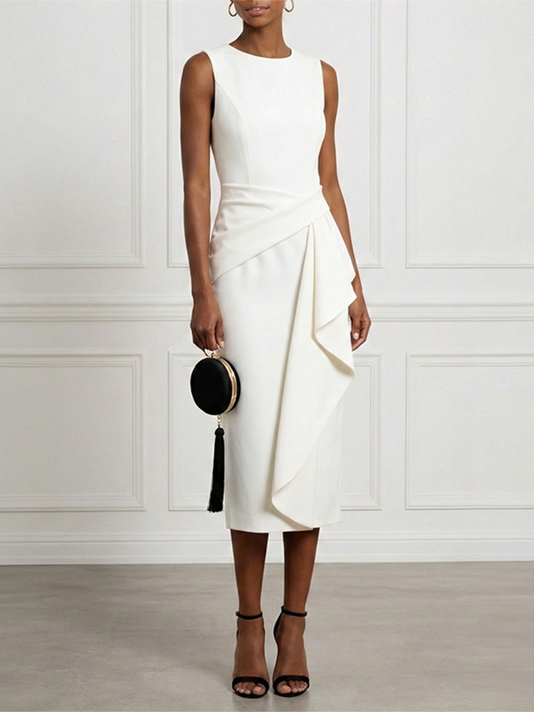 Elegant Solid Color Asymmetrical Midi Dress-elviree