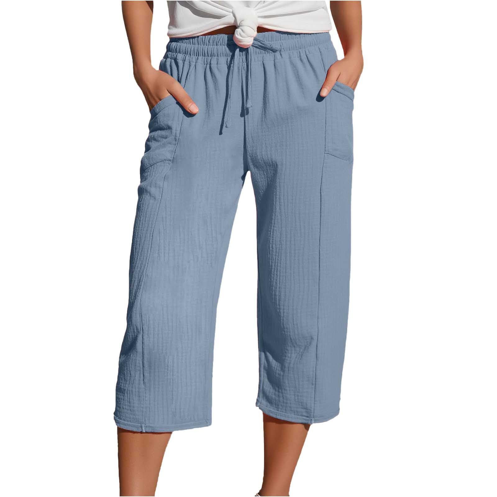 Women's Solid Color Casual Linen Pocket Capri Pants-elviree
