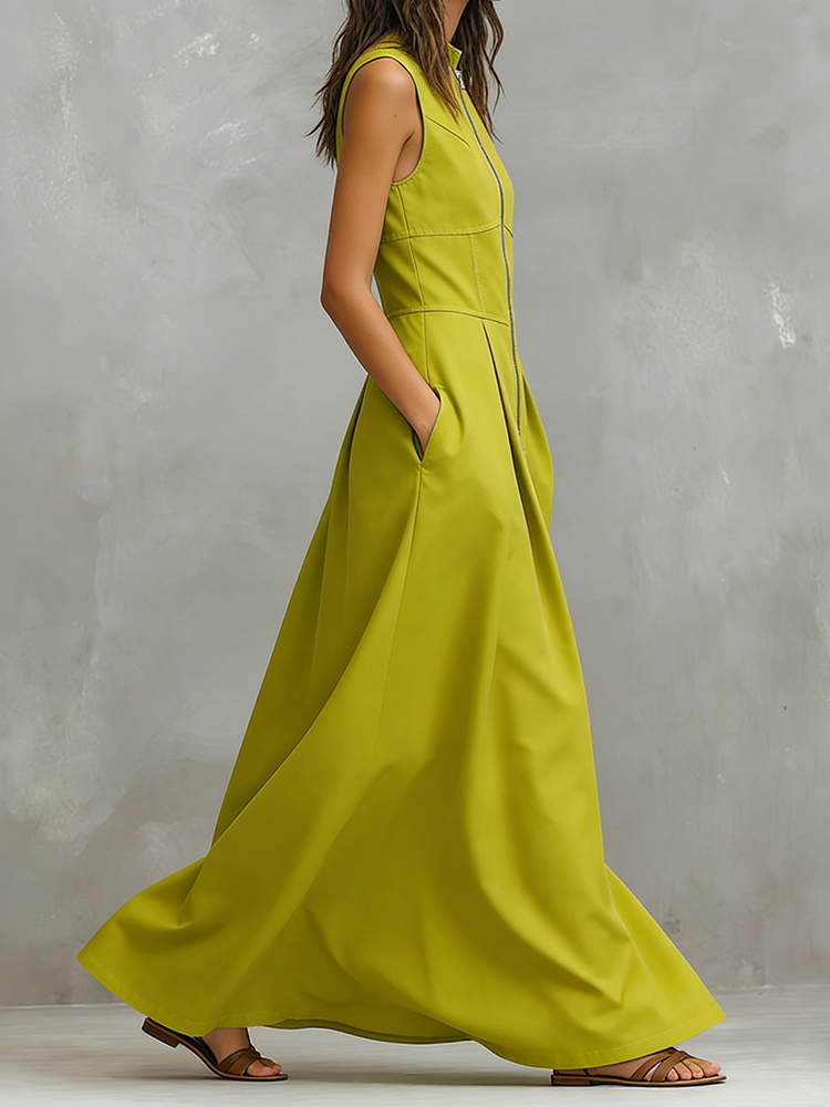 Vintage Round Neck Zip Up Comfy Maxi Dress-elviree