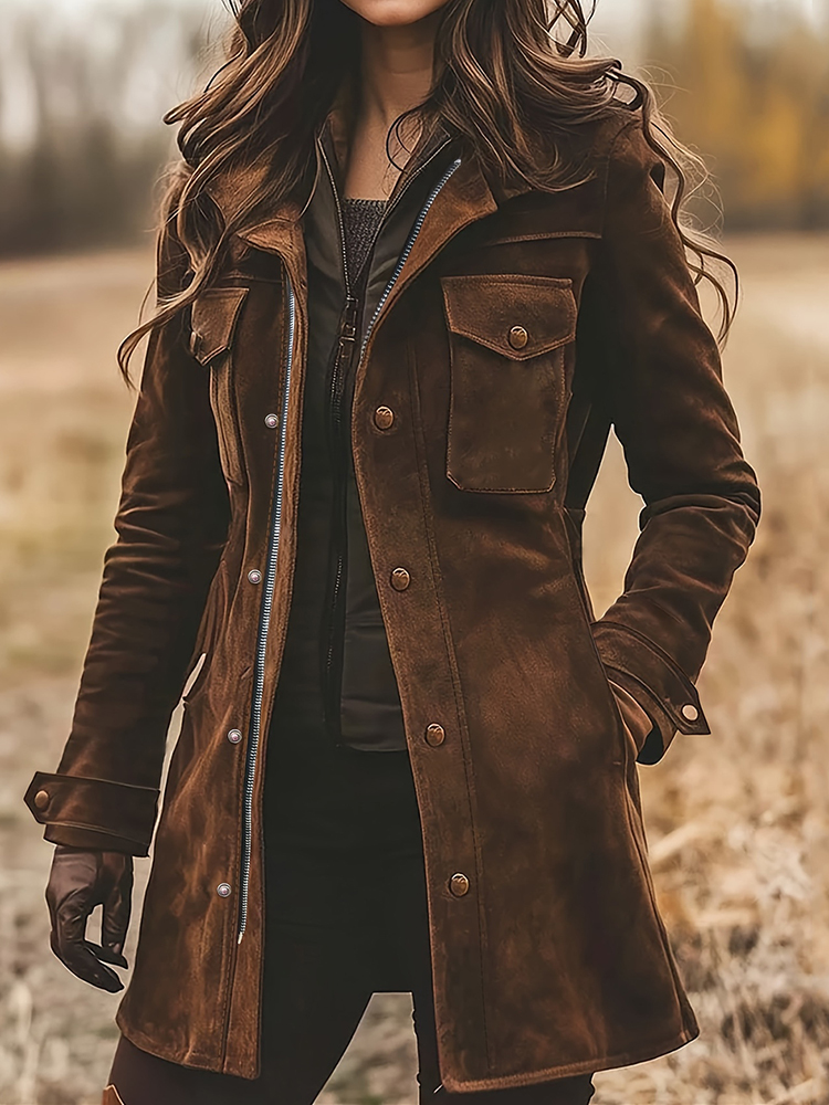 Vintage Suede Colorblock Multi Pocket Zipped Jacket-elviree