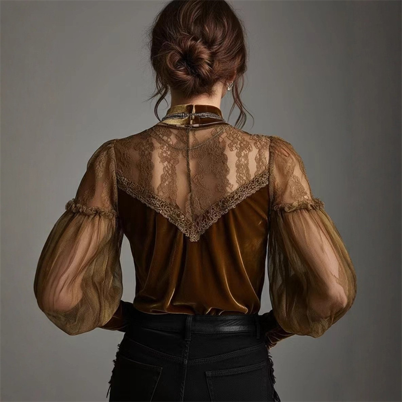 Mesh Splicing Black Lace Hollow Lace Top-elviree