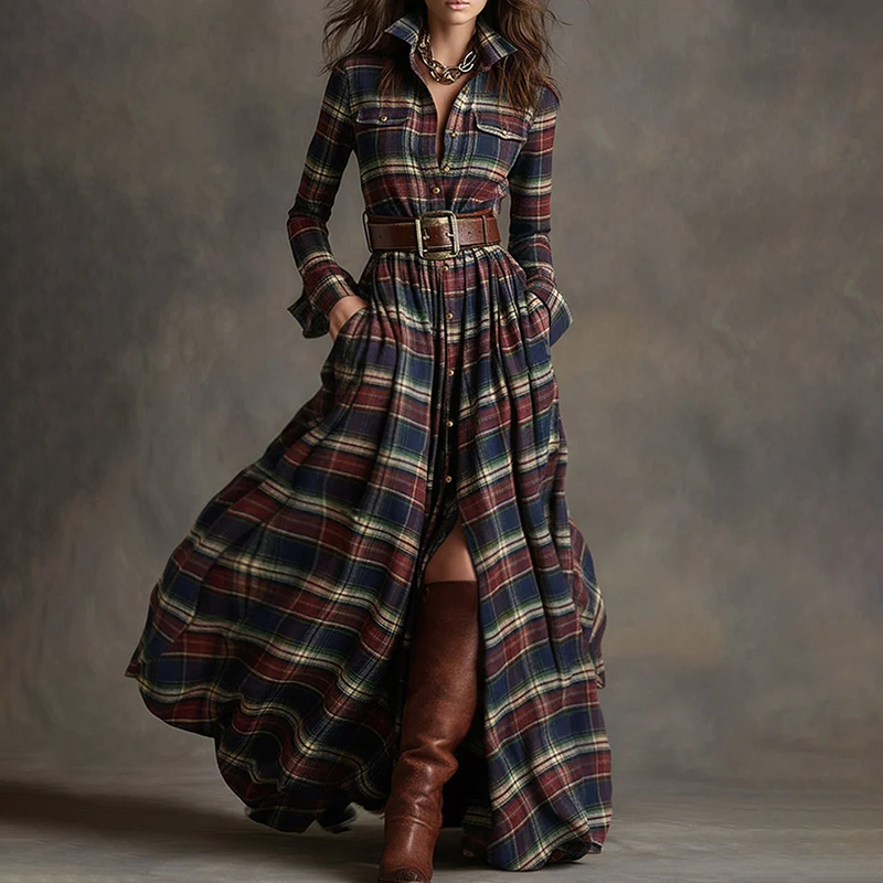 Vintage Western Plaid Pattern Shirt Dress (with Belt)-elviree
