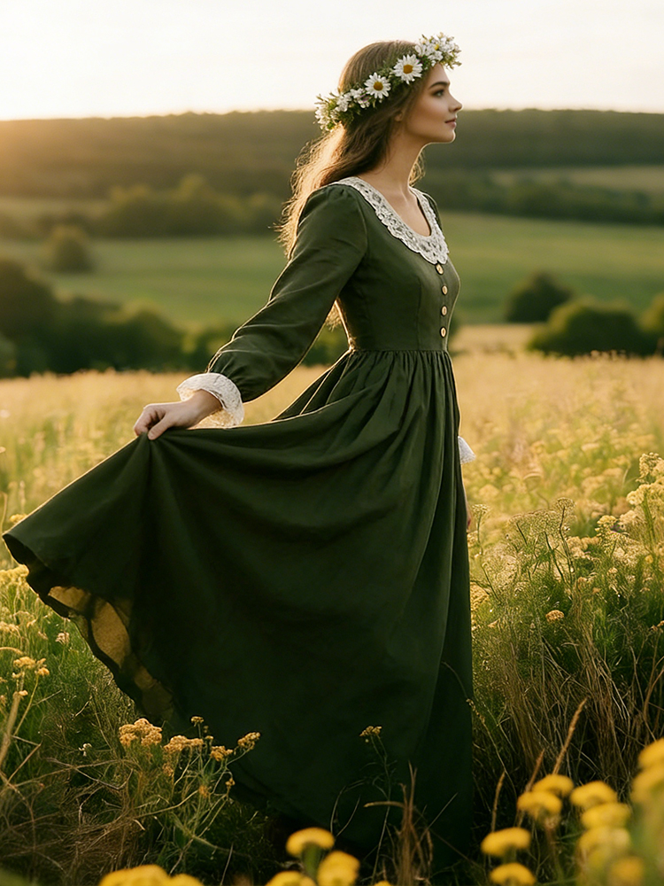 Vintage Lace Patchwork Pleated Linen Maxi Dress-elviree