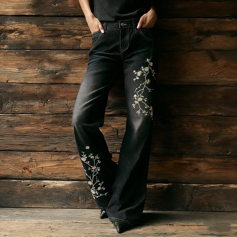 Japanese Art Cherry Blossom Embroidered Washed Flared Jeans-elviree