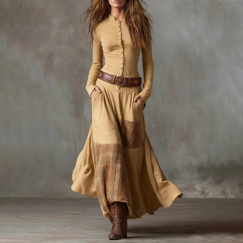 Vintage Patchwork Loose Elastic Long-sleeved Maxi Dress-elviree