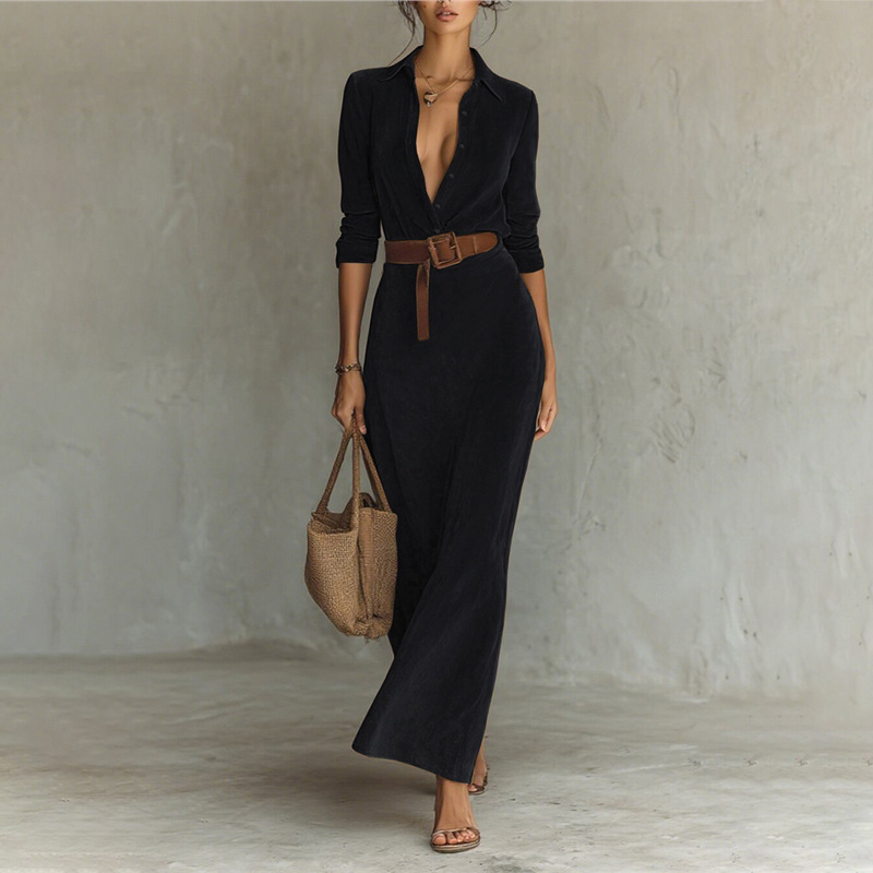 Women's Retro Suede Waist-cinching Long Dress With Belt-elviree