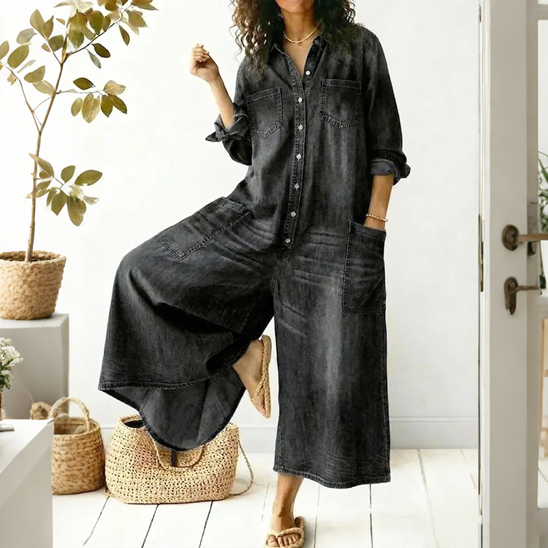 Women's Solid-color Denim Single-breasted Comfortable Jumpsuit-elviree