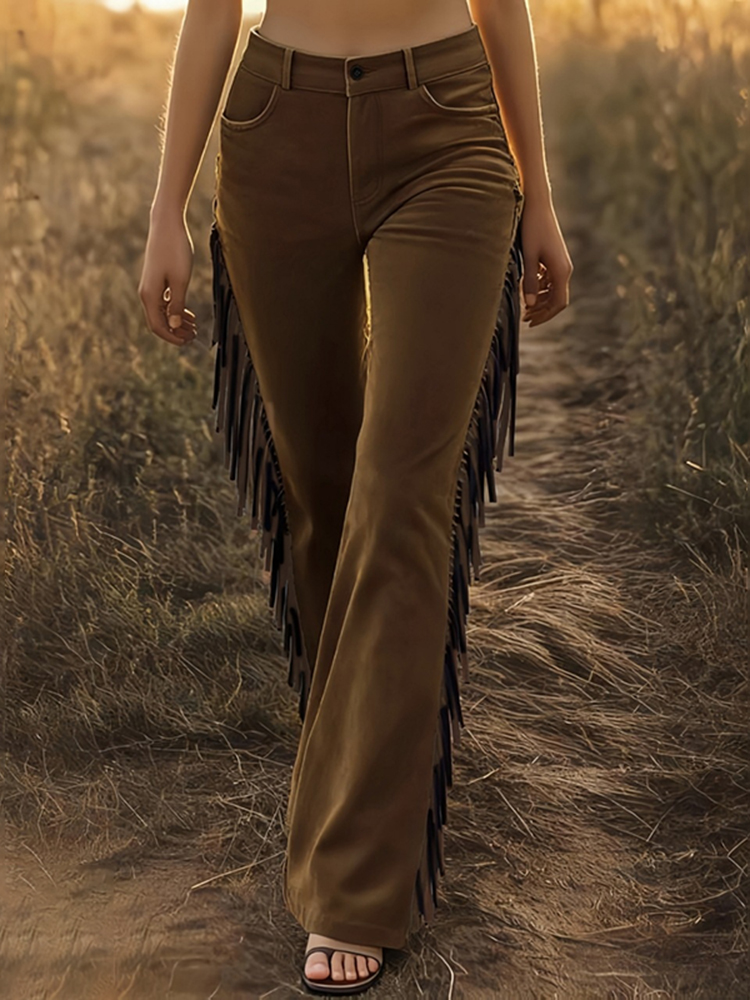 Vintage Western Fringed Buckskin Flared Pants-elviree