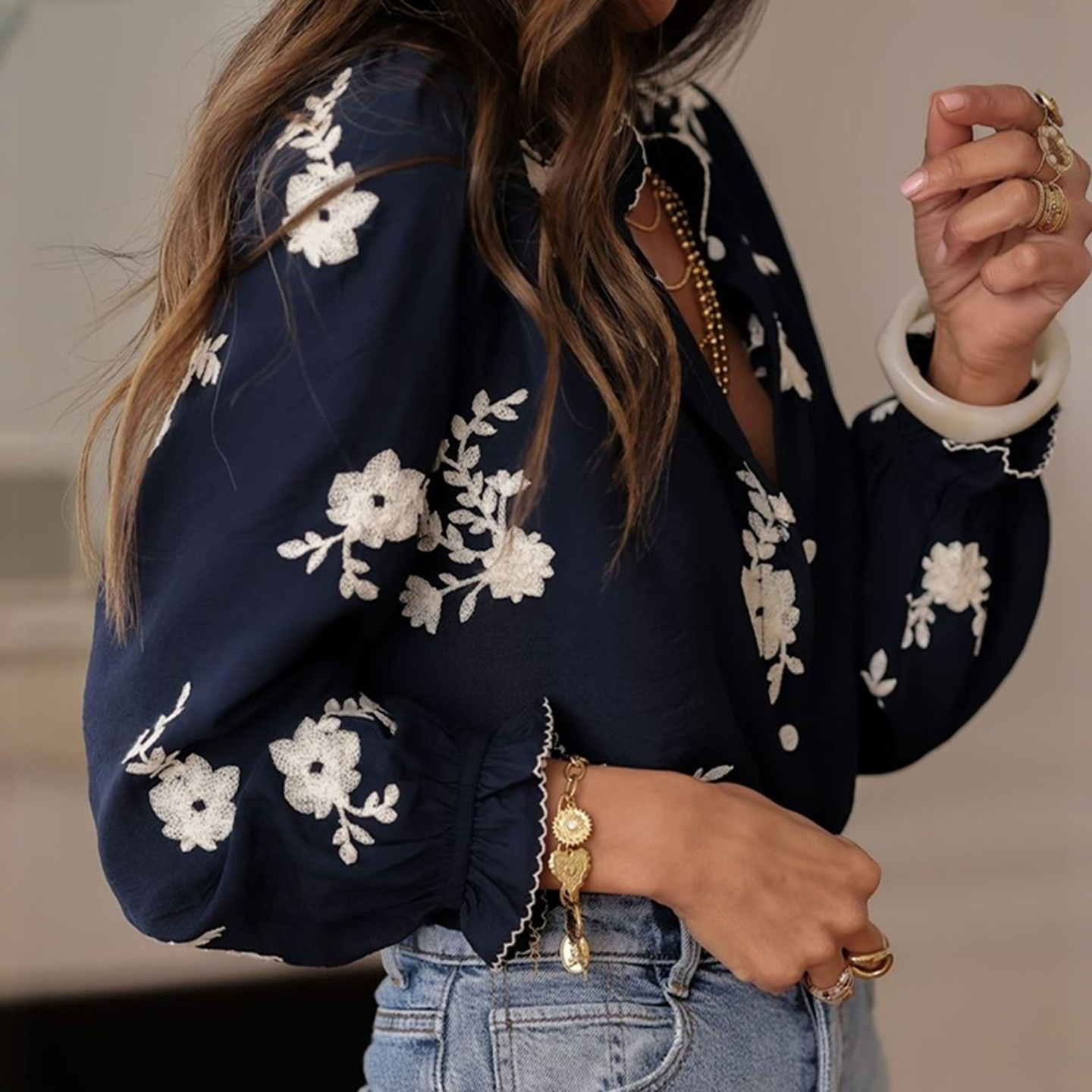 Women's Elegant Casual Floral Embroidered Cotton And Linen Blouse-elviree