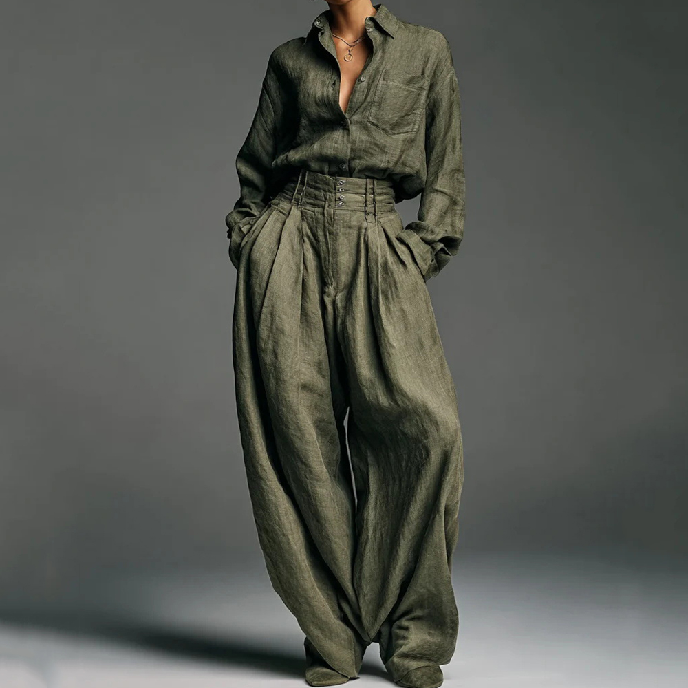 Vintage Classy Blouse & Trousers Linen Two Piece Set-elviree