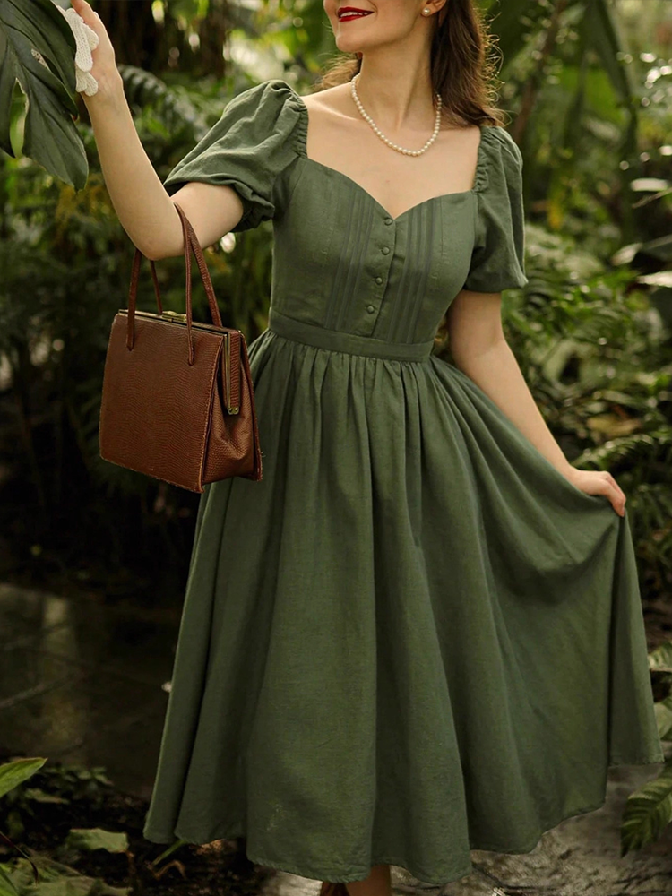 Retro Linen Countryside Style Waist-cinching Dress