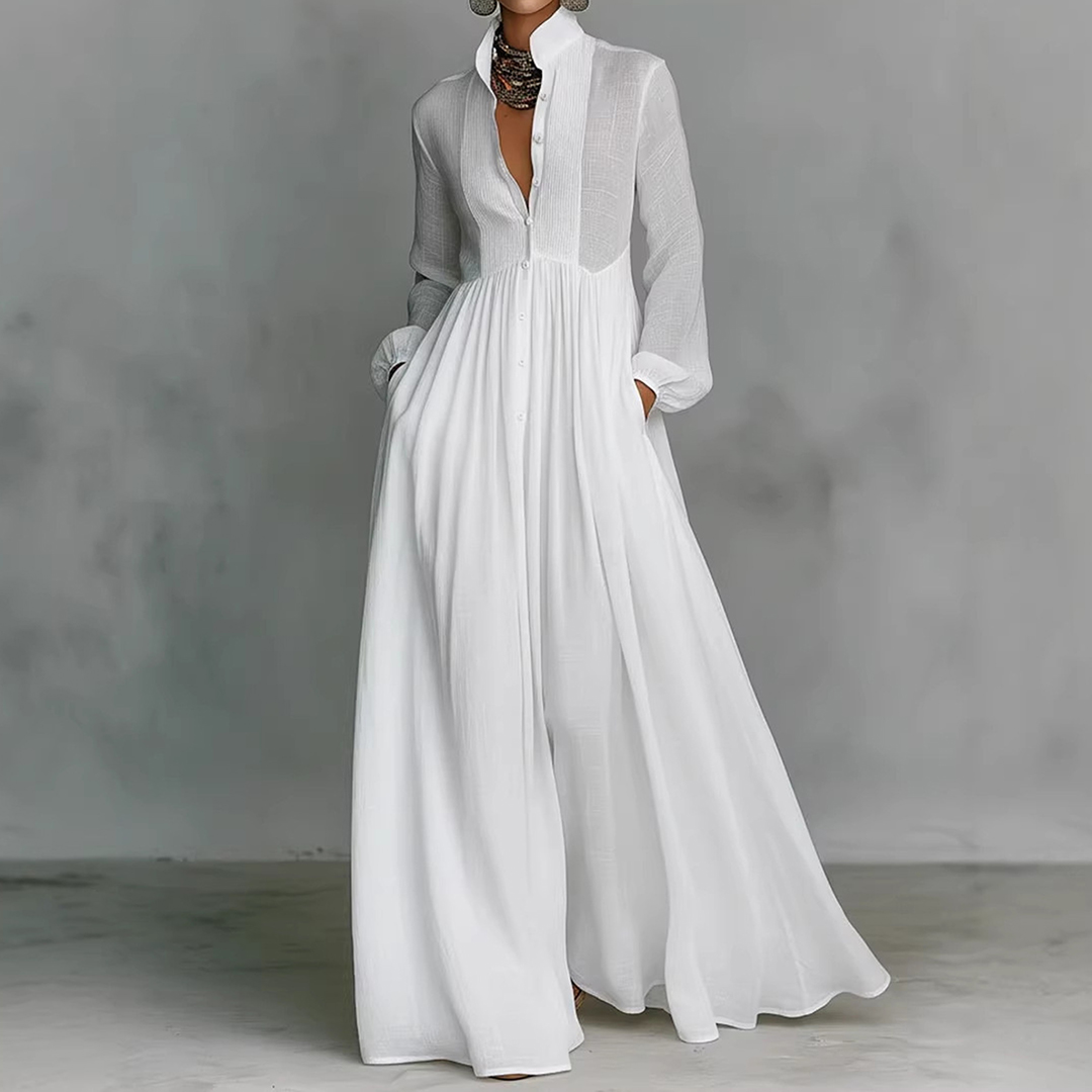 Women's Casual Solid Color Pleated Cotton Linen Maxi Dress-elviree