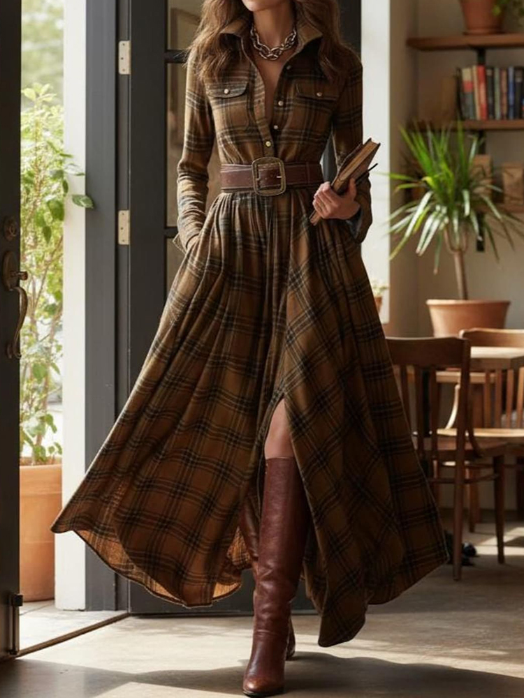 Vintage Khaki Plaid Inspired Belted Cottagecore Autumn Winter Long Sleeve Button-up Shirt Maxi Dress-elviree
