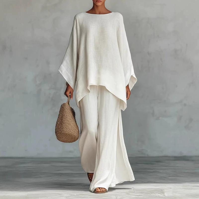 Women's Comfy Linen Blend Flowy Top And Pants Two-piece Set-elviree