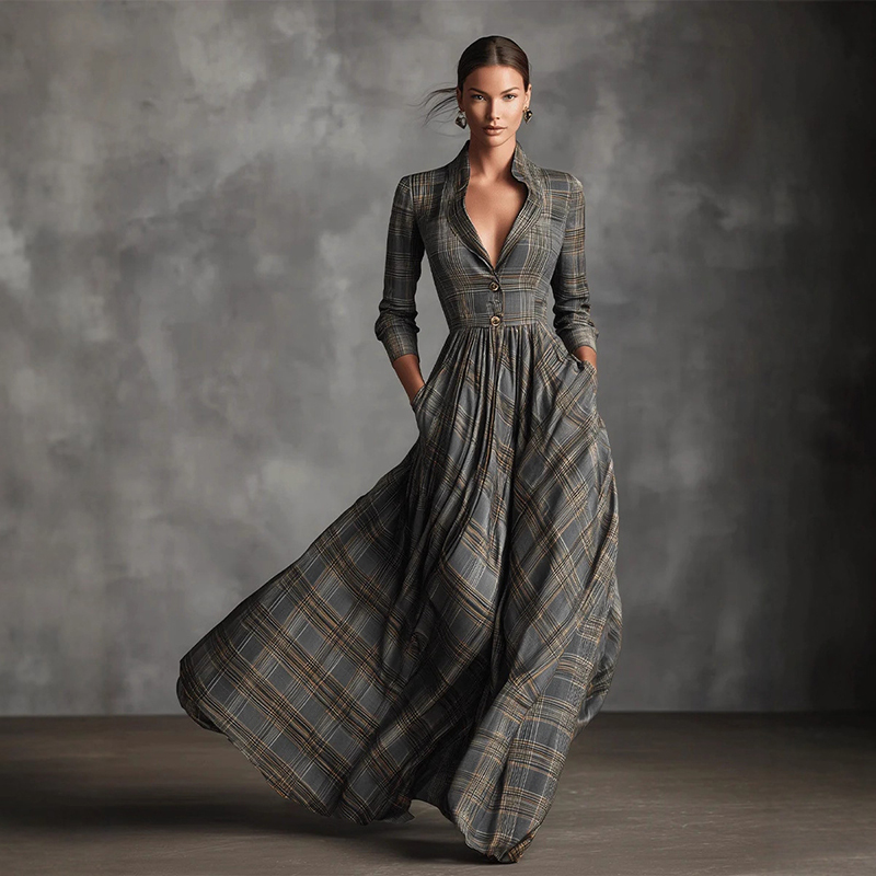 Vintage Plaid French Style Large Hem V-neck Maxi Dress-elviree