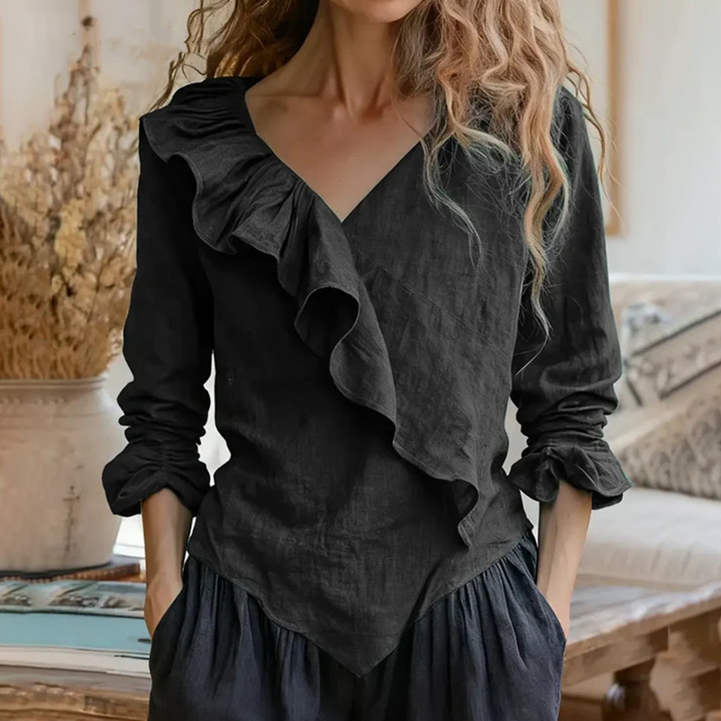 Women's Elegant Ruffled Cotton Linen Top-elviree