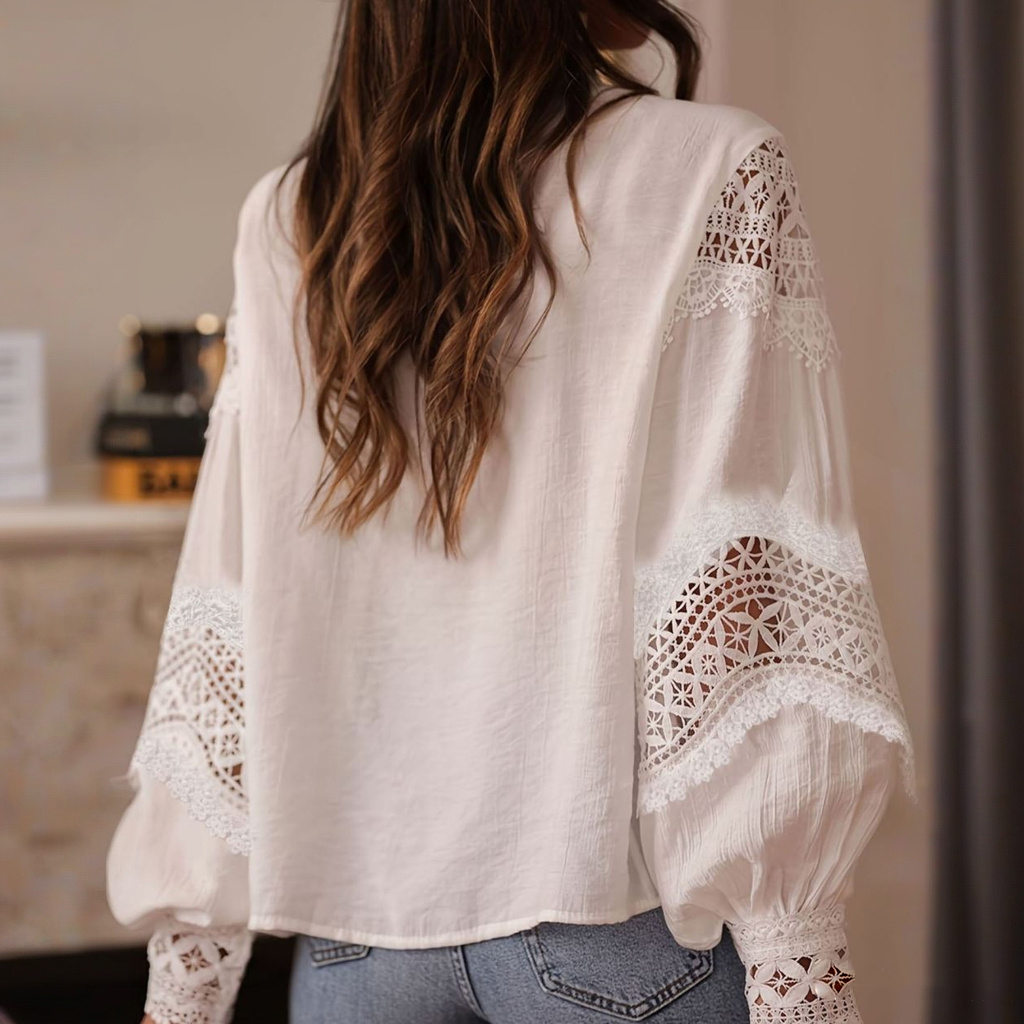 Women's Elegant Floral Lace Cotton And Linen High Collar Top-elviree