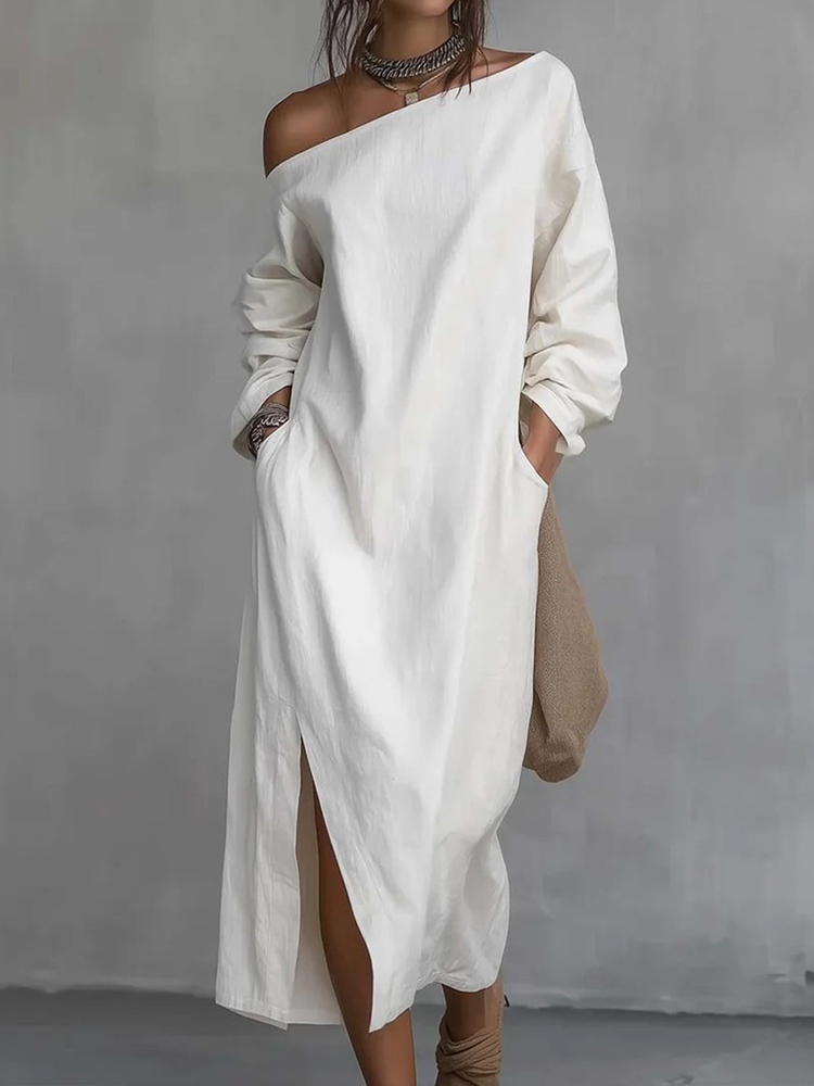 Women's Casual Solid Color One-shoulder Cotton Linen Maxi Dress-elviree