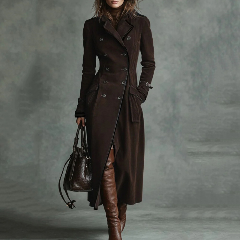 Vintage Western Lapel Buttoned Suede Trench Coat-elviree