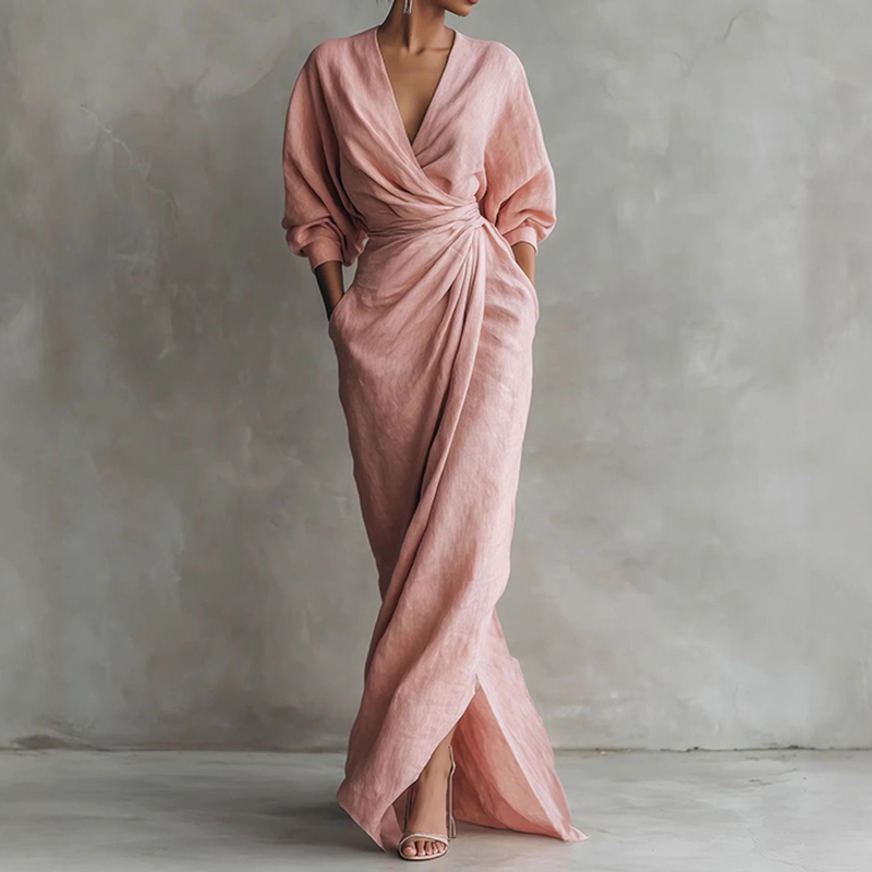 Vintage Elegant Pleated V-neck Design Cotton And Linen Dress